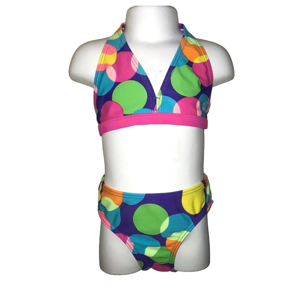 Girl XS 4/5 OP Bright Rainbow Polka Dot Circles Halter Bikini Swimsuit Set Twins